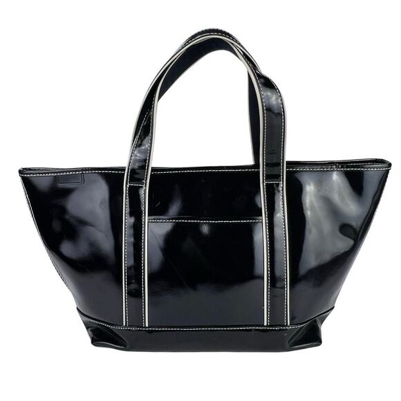 Lands' End Large BLACK PATENT GENUINE LEATHER SHOULDER BAG SHOPPER TOTE POCKET - Picture 1 of 14